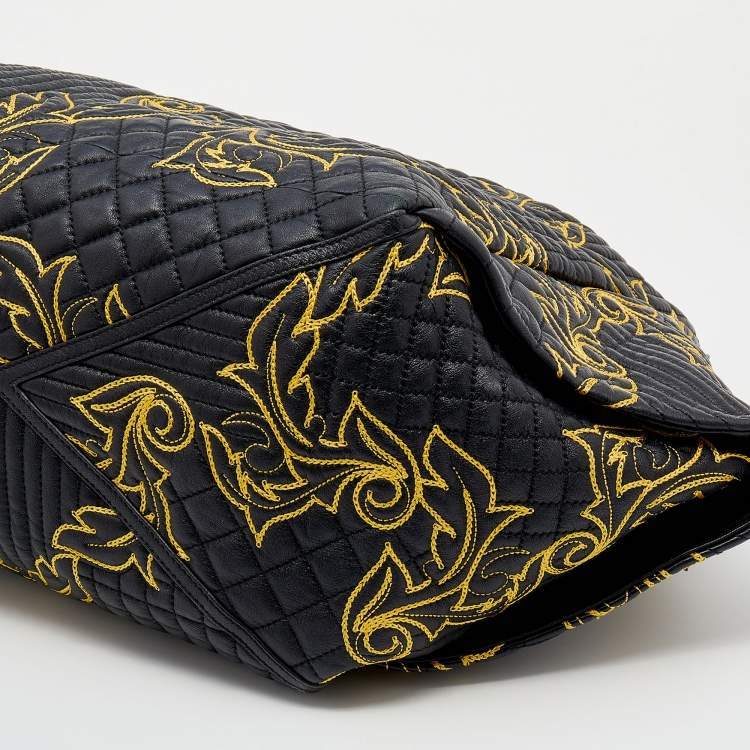 Pre Owned Versace Black/Yellow Barocco Leather Floral Stitch Hobo