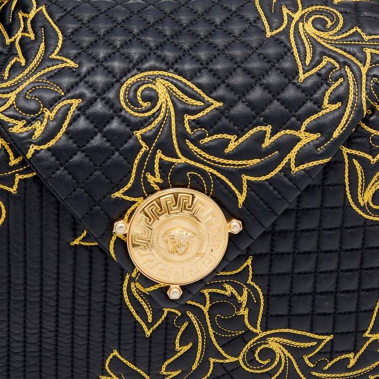 Pre Owned Versace Black/Yellow Barocco Leather Floral Stitch Hobo