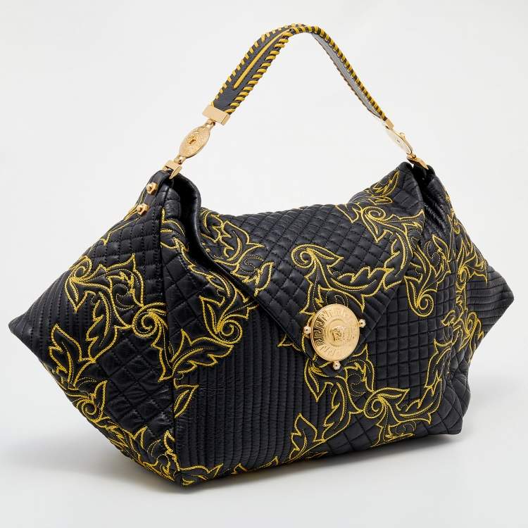 Pre Owned Versace Black/Yellow Barocco Leather Floral Stitch Hobo