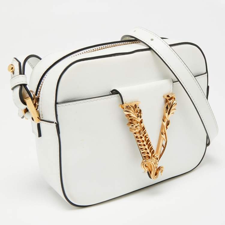 Pre Owned Versace White Leather Virtus Crossbody Bag