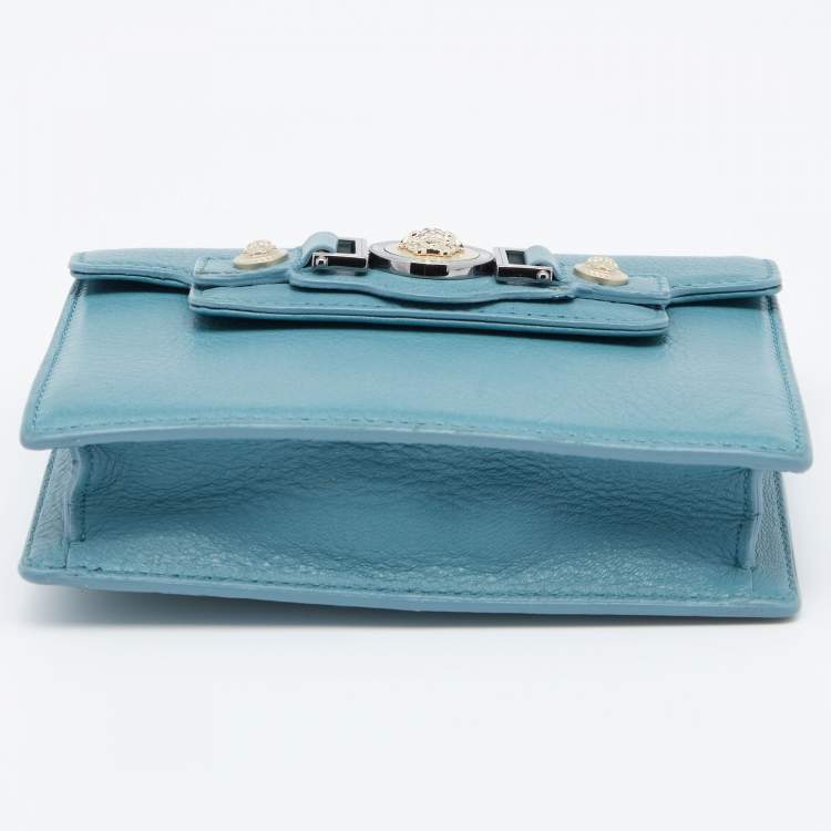 Pre Owned Versace Blue Leather Medusa Buckle Flap Crossbody Bag