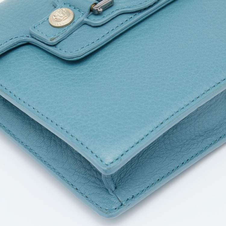 Pre Owned Versace Blue Leather Medusa Buckle Flap Crossbody Bag