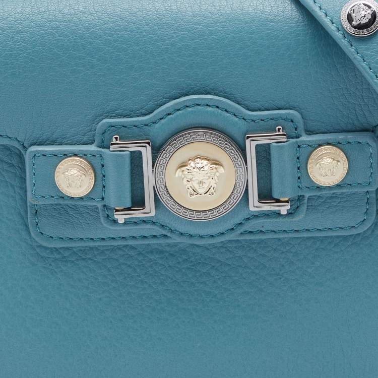 Pre Owned Versace Blue Leather Medusa Buckle Flap Crossbody Bag