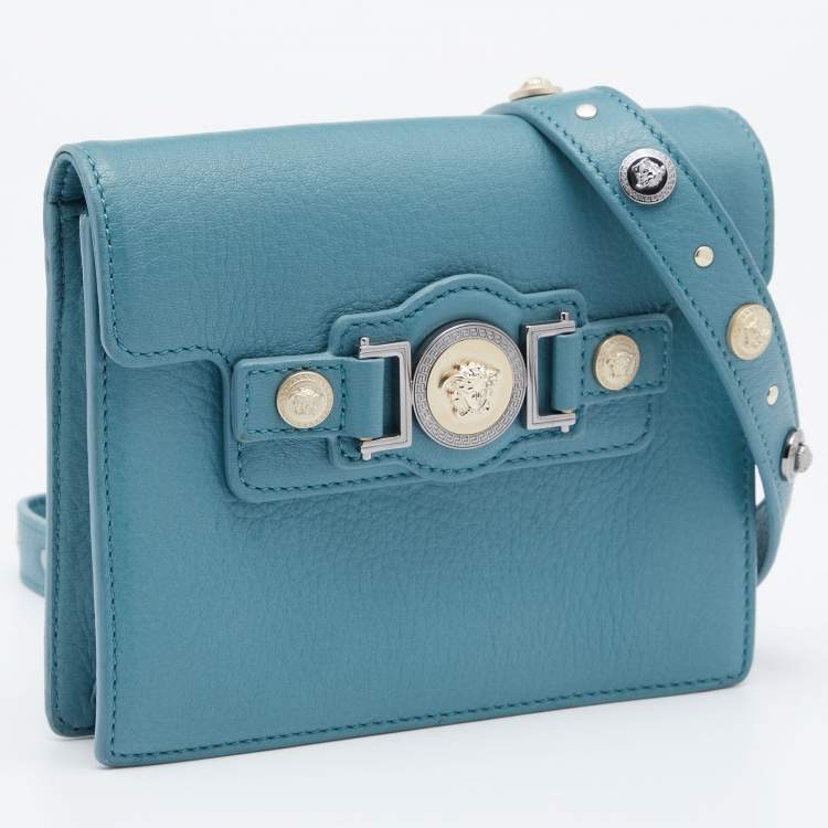 Pre Owned Versace Blue Leather Medusa Buckle Flap Crossbody Bag