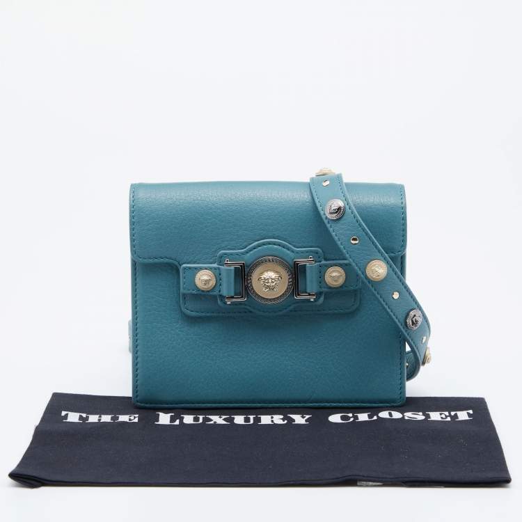 Pre Owned Versace Blue Leather Medusa Buckle Flap Crossbody Bag