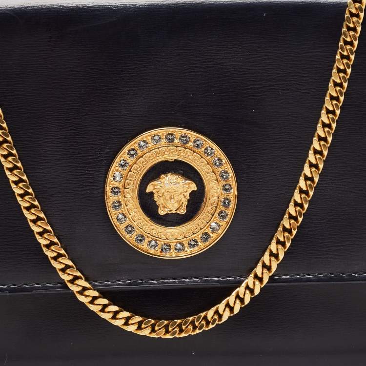 Pre Owned Versace Black Leather Medusa Chain Clutch