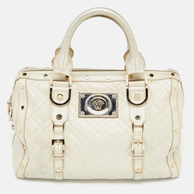 Pre Owned Versace Metallic Pearl Leather Snap Out Of It Satchel