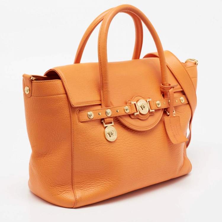 Pre Owned Versace Orange Leather Medusa Medallion Tote
