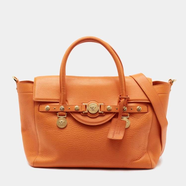 Pre Owned Versace Orange Leather Medusa Medallion Tote