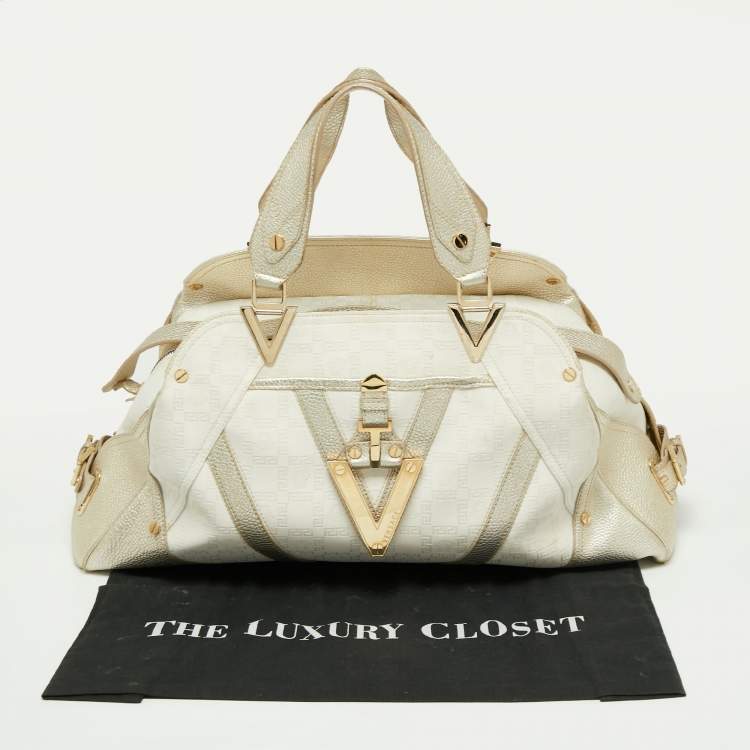 Pre Owned Versace Gold/White Monogram Fabric and Leather V Satchel 