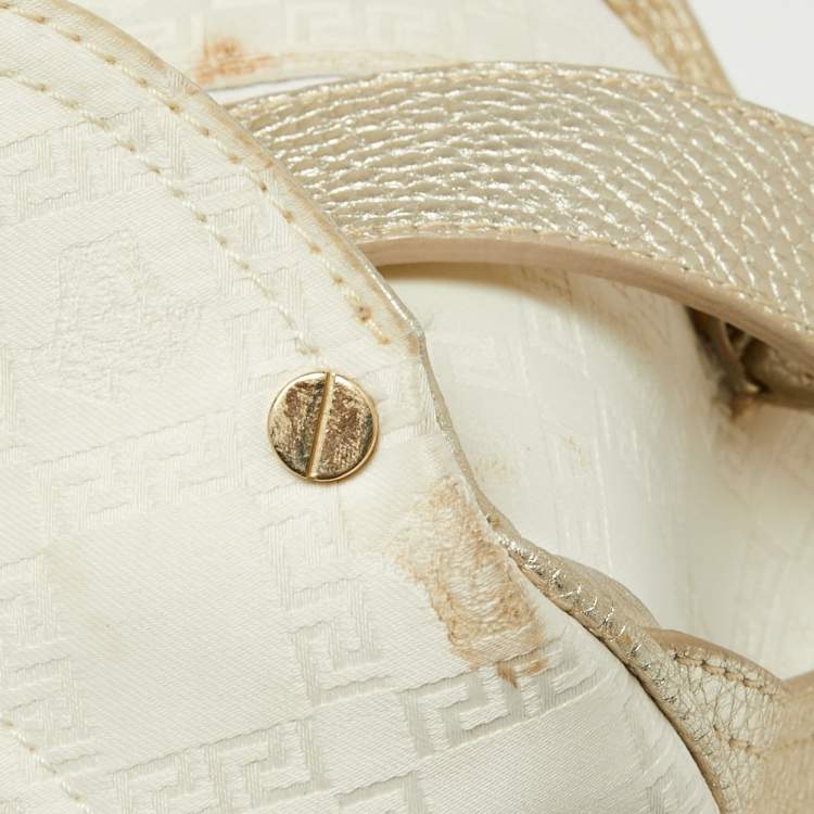 Pre Owned Versace Gold/White Monogram Fabric and Leather V Satchel 