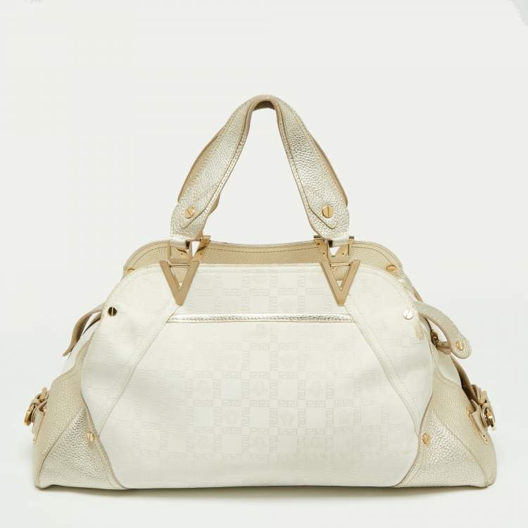 Pre Owned Versace Gold/White Monogram Fabric and Leather V Satchel 