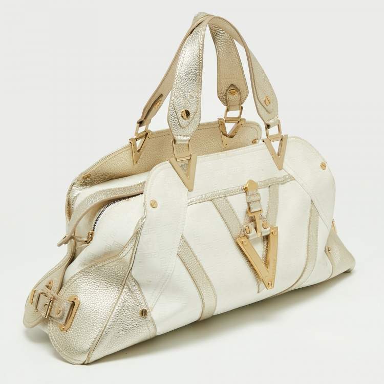 Pre Owned Versace Gold/White Monogram Fabric and Leather V Satchel 