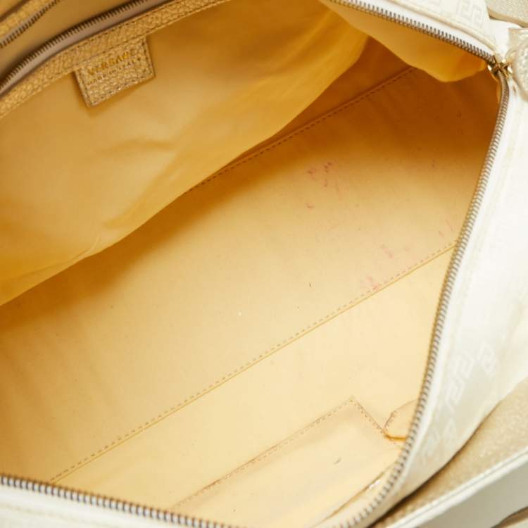 Pre Owned Versace Gold/White Monogram Fabric and Leather V Satchel 