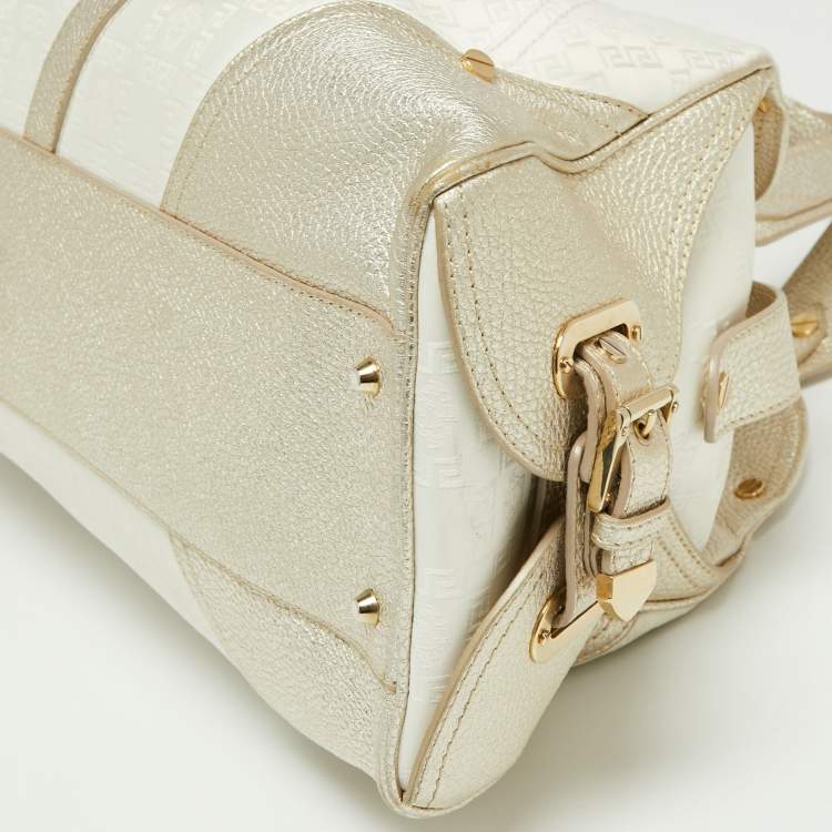 Pre Owned Versace Gold/White Monogram Fabric and Leather V Satchel 