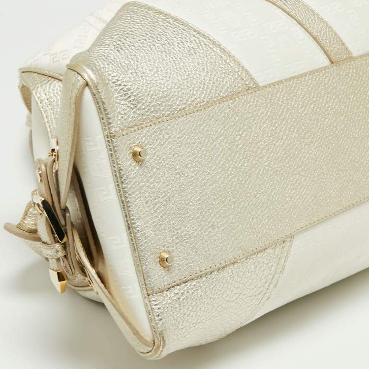 Pre Owned Versace Gold/White Monogram Fabric and Leather V Satchel 