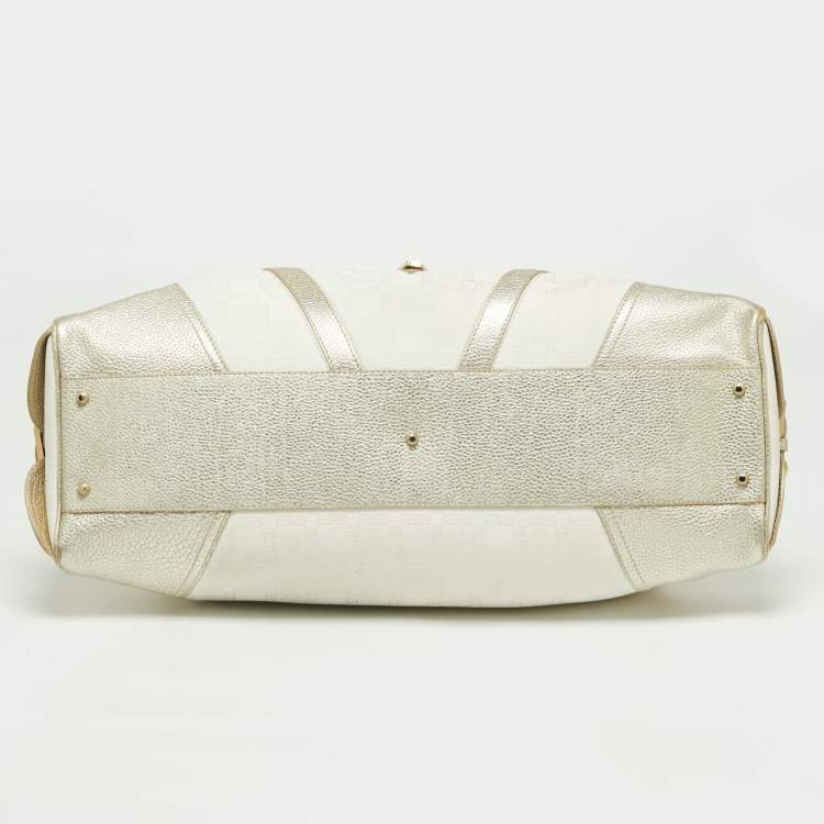 Pre Owned Versace Gold/White Monogram Fabric and Leather V Satchel 