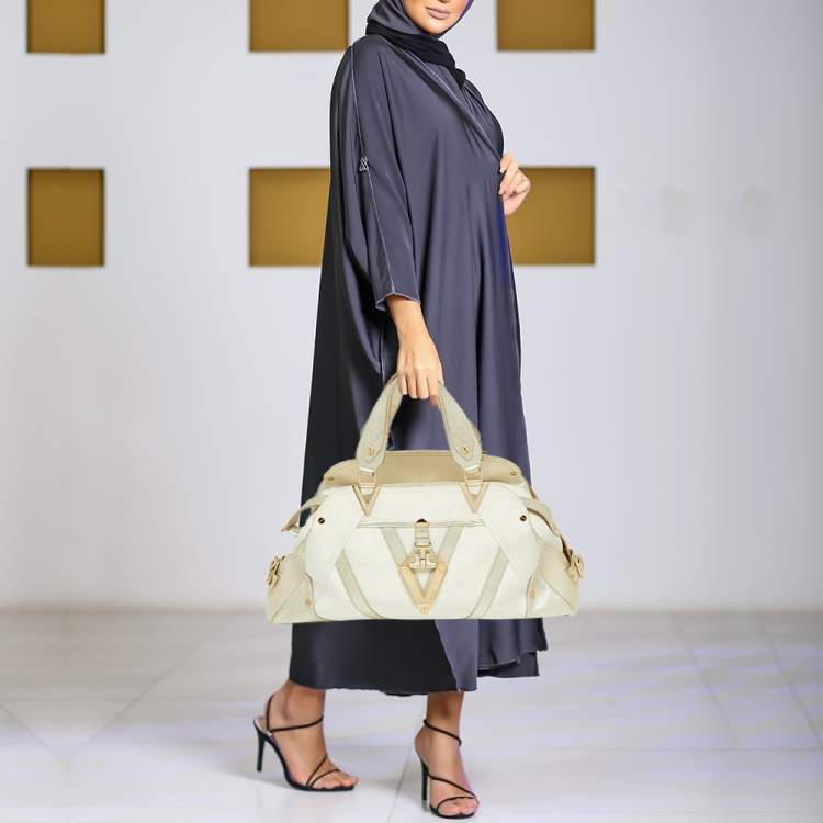 Pre Owned Versace Gold/White Monogram Fabric and Leather V Satchel 