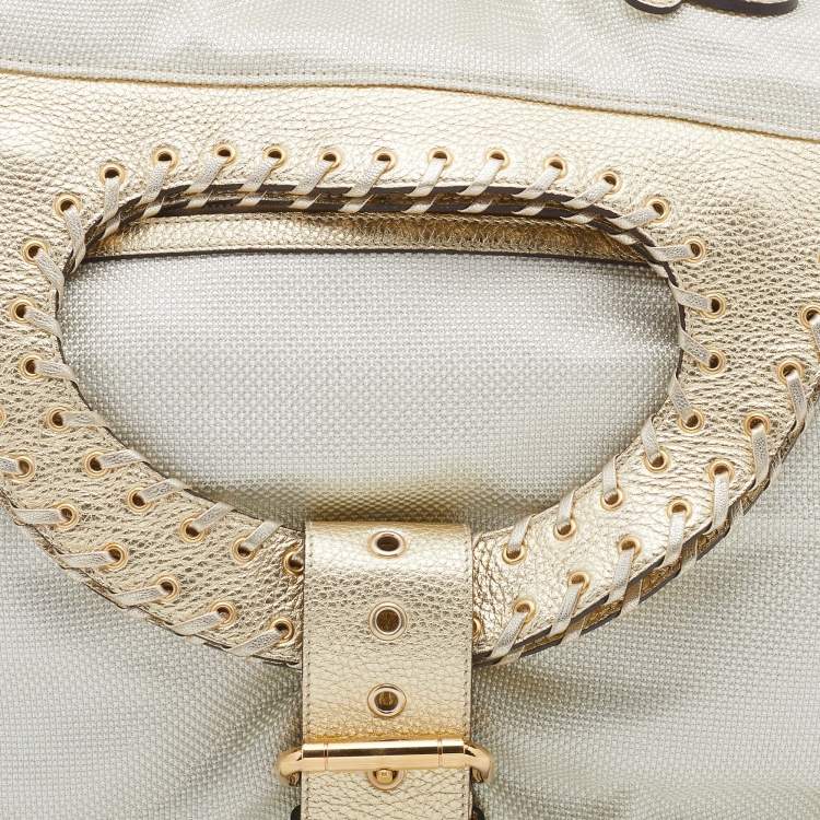 Pre Owned Versace Metallic Light Beige/Gold Technical Fabric and Leather Satchel