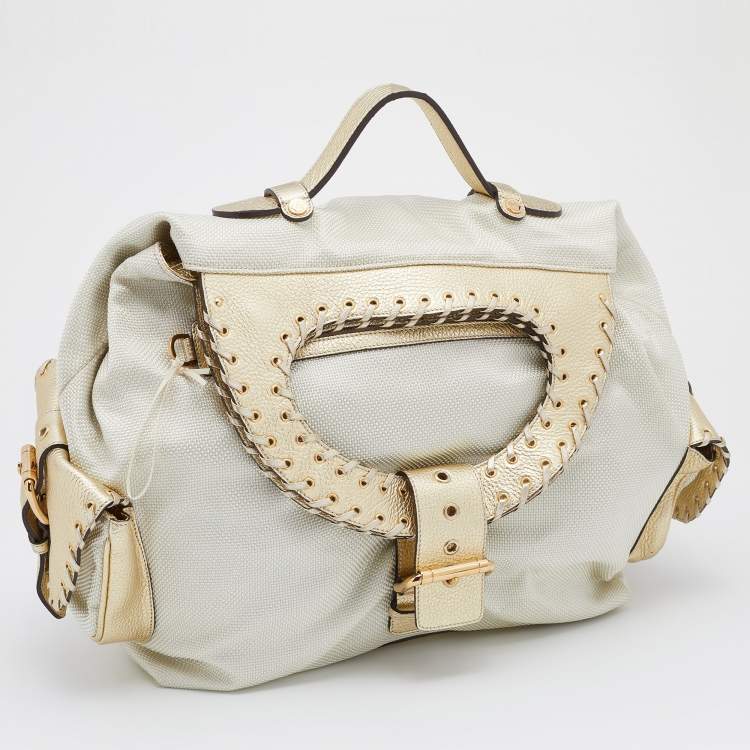 Pre Owned Versace Metallic Light Beige/Gold Technical Fabric and Leather Satchel