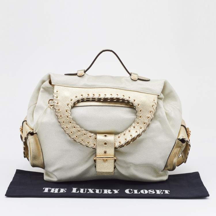 Pre Owned Versace Metallic Light Beige/Gold Technical Fabric and Leather Satchel