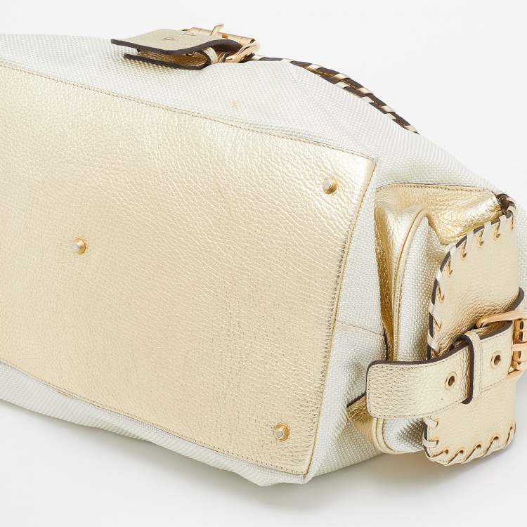 Pre Owned Versace Metallic Light Beige/Gold Technical Fabric and Leather Satchel