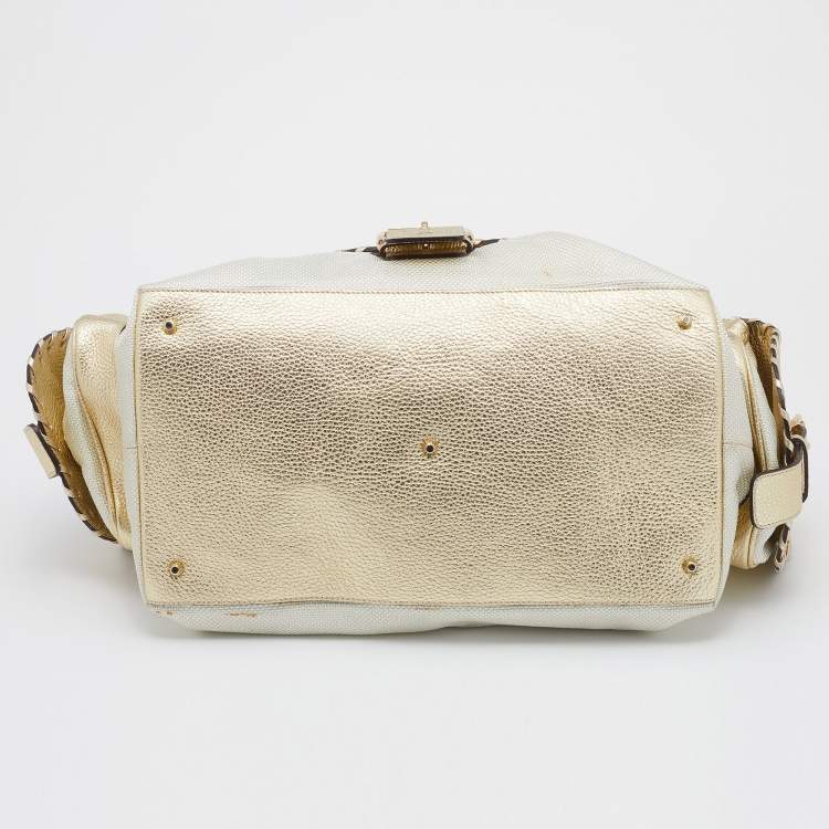 Pre Owned Versace Metallic Light Beige/Gold Technical Fabric and Leather Satchel