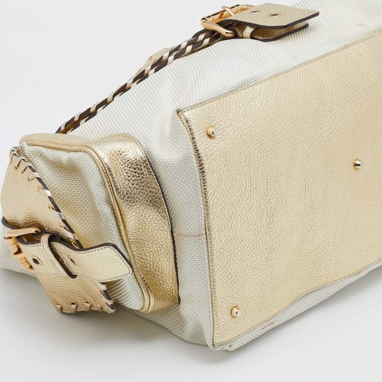 Pre Owned Versace Metallic Light Beige/Gold Technical Fabric and Leather Satchel