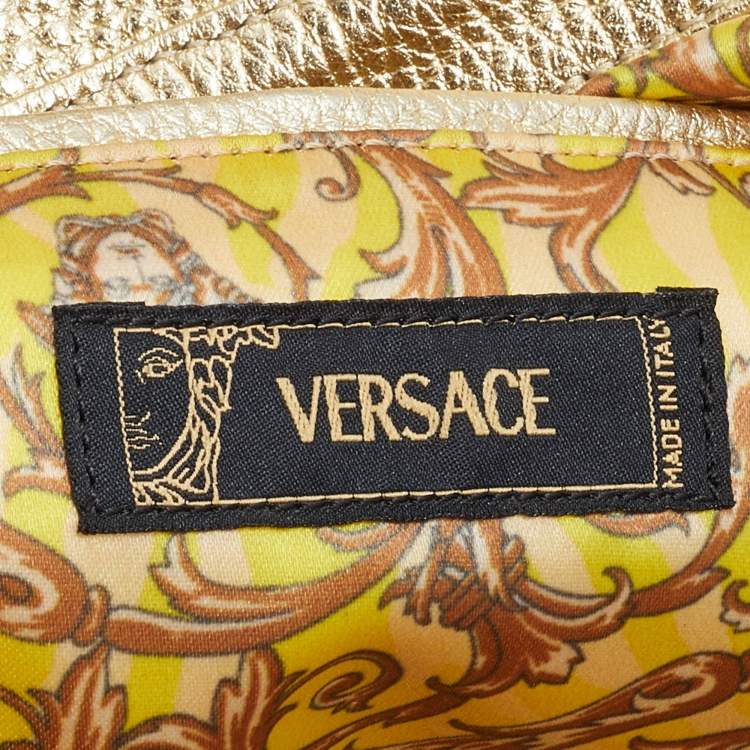 Pre Owned Versace Metallic Light Beige/Gold Technical Fabric and Leather Satchel