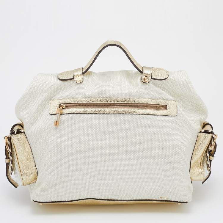 Pre Owned Versace Metallic Light Beige/Gold Technical Fabric and Leather Satchel