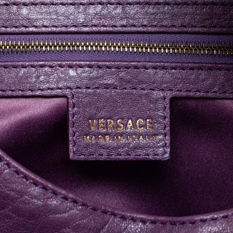 Pre Owned Versace Purple Snakeskin and Leather Crystal Embellished Flap Hobo