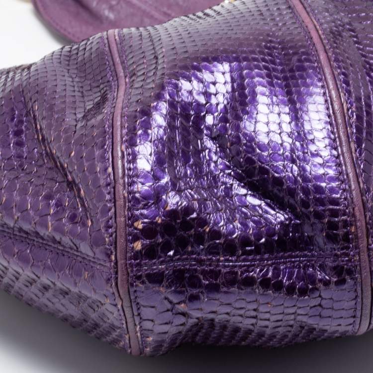 Pre Owned Versace Purple Snakeskin and Leather Crystal Embellished Flap Hobo