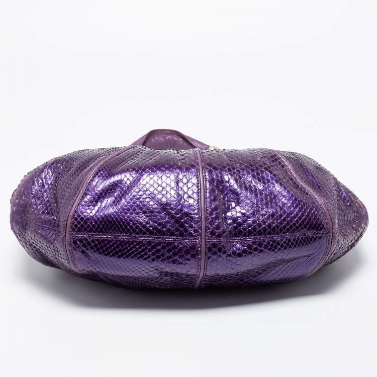 Pre Owned Versace Purple Snakeskin and Leather Crystal Embellished Flap Hobo