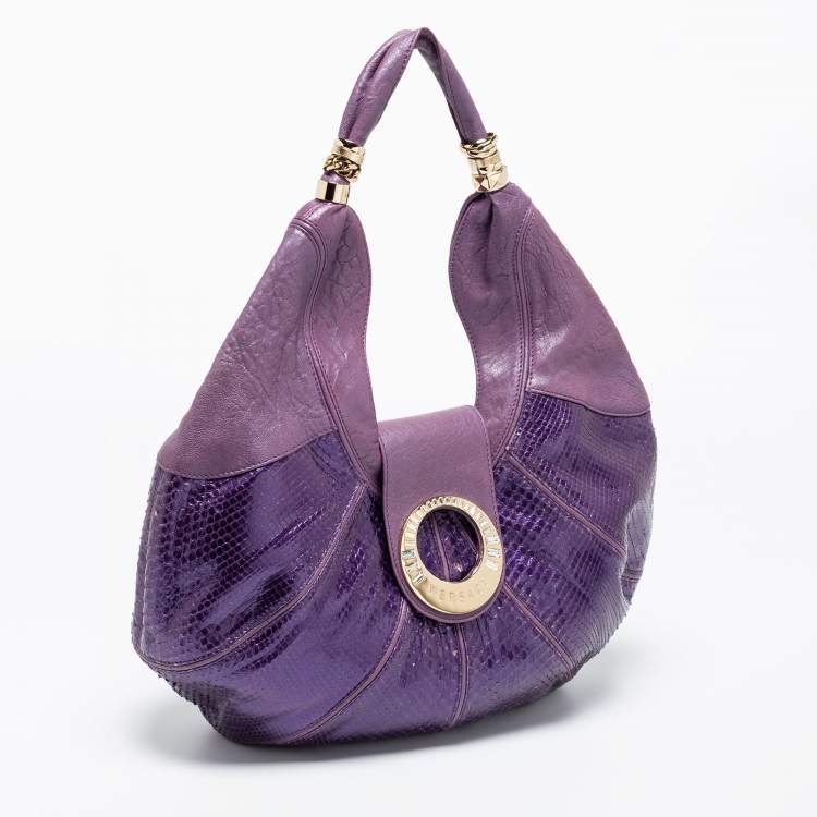 Pre Owned Versace Purple Snakeskin and Leather Crystal Embellished Flap Hobo