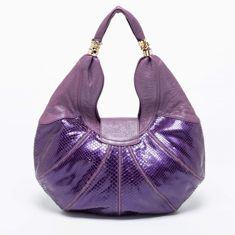 Pre Owned Versace Purple Snakeskin and Leather Crystal Embellished Flap Hobo