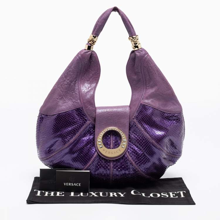 Pre Owned Versace Purple Snakeskin and Leather Crystal Embellished Flap Hobo