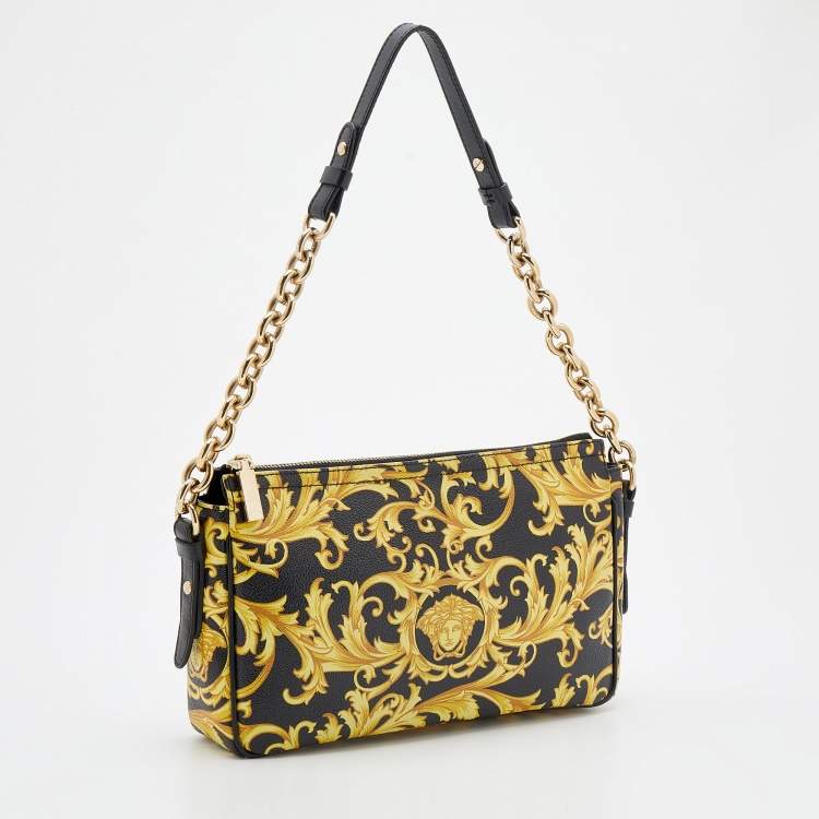 Pre Owned Versace Black/Yellow Barocco Medusa Print Leather Chain Shoulder Bag