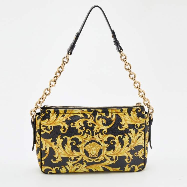 Pre Owned Versace Black/Yellow Barocco Medusa Print Leather Chain Shoulder Bag