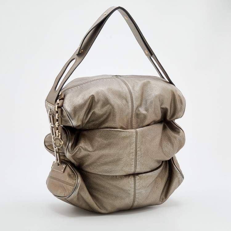 Pre Owned Versace Metallic Grey Leather Hobo