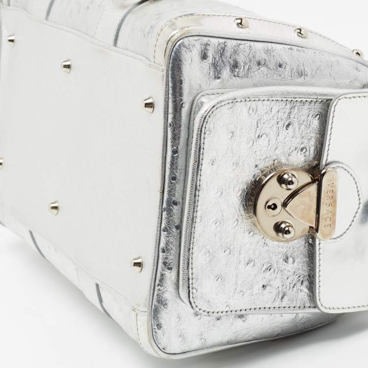 Pre Owned Versace Metallic Silver Ostrich Embossed Leather Snap Out Of It Satchel