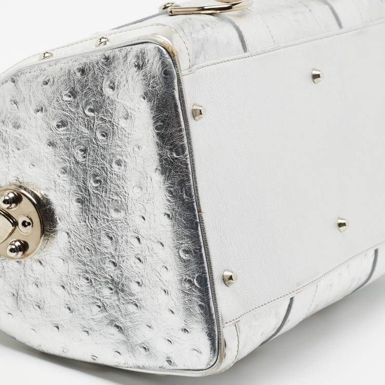 Pre Owned Versace Metallic Silver Ostrich Embossed Leather Snap Out Of It Satchel