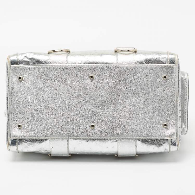 Pre Owned Versace Metallic Silver Ostrich Embossed Leather Snap Out Of It Satchel