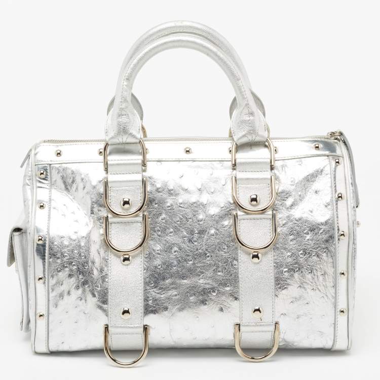 Pre Owned Versace Metallic Silver Ostrich Embossed Leather Snap Out Of It Satchel