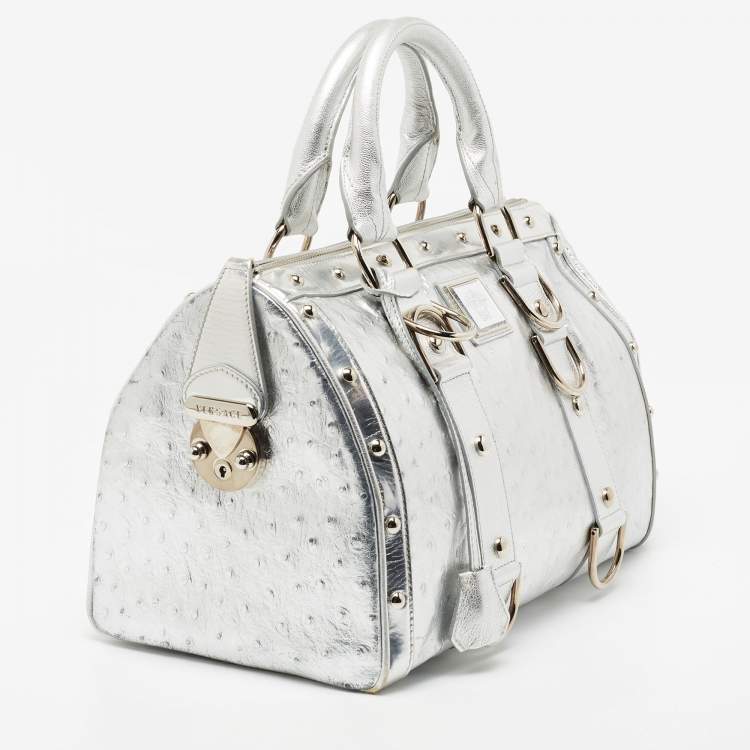 Pre Owned Versace Metallic Silver Ostrich Embossed Leather Snap Out Of It Satchel
