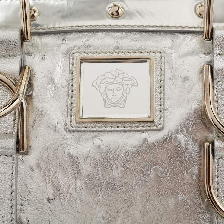 Pre Owned Versace Metallic Silver Ostrich Embossed Leather Snap Out Of It Satchel