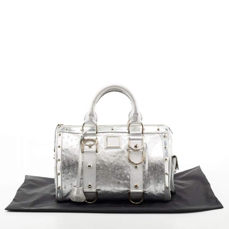 Pre Owned Versace Metallic Silver Ostrich Embossed Leather Snap Out Of It Satchel