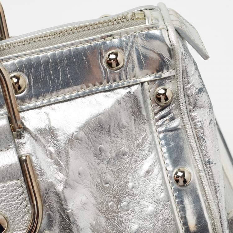 Pre Owned Versace Metallic Silver Ostrich Embossed Leather Snap Out Of It Satchel