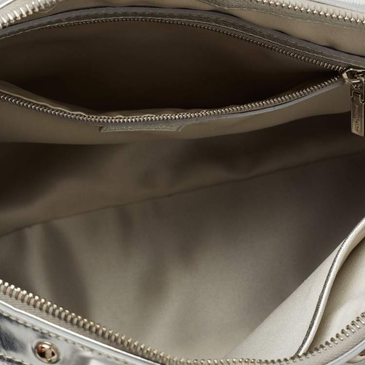 Pre Owned Versace Metallic Silver Ostrich Embossed Leather Snap Out Of It Satchel