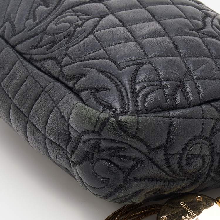 Pre Owned Versace Black Leather Barocco Vanitas Zip Shoulder Bag