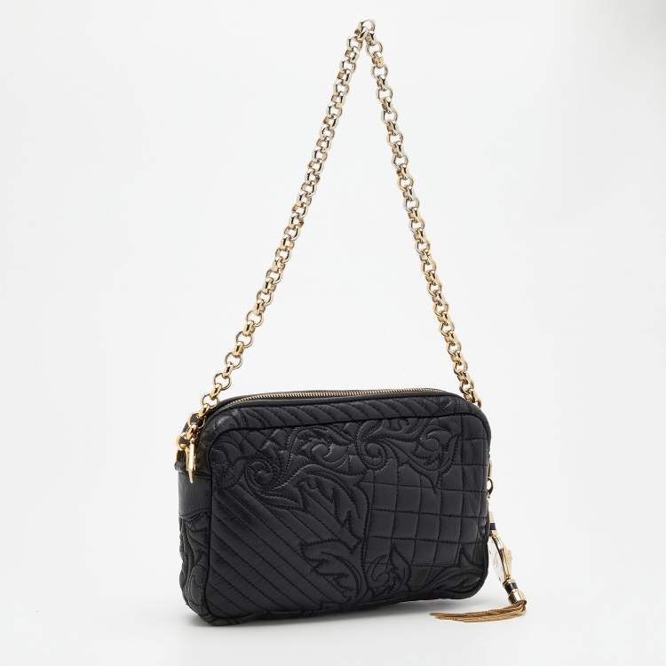 Pre Owned Versace Black Leather Barocco Vanitas Zip Shoulder Bag